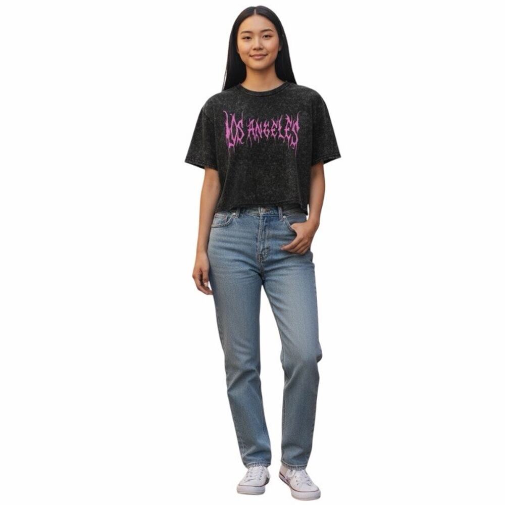 NWOT Rebellious One Los Angeles Gothic T Shirt L Black Acid Wash Pink Graphic